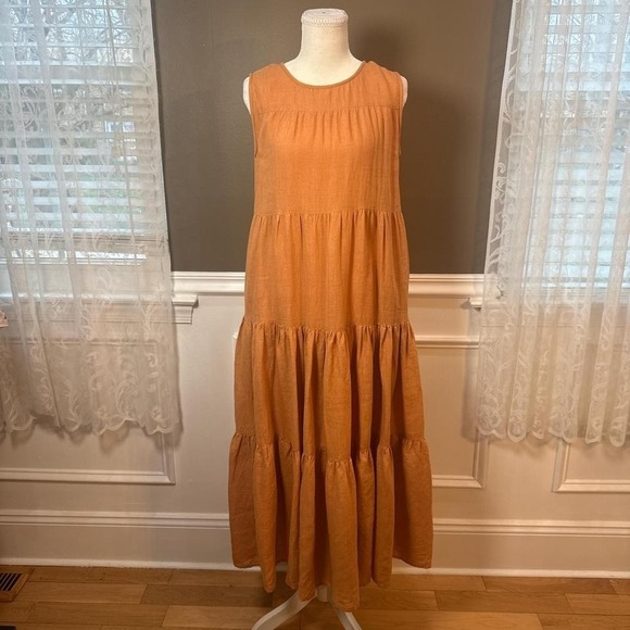 Tribe Alive Organic Linen Tiered Maxi Dress Rust Burnt Orange S Tribe Alive Organic Linen Tiered Maxi Dress Rust Burnt Orange S